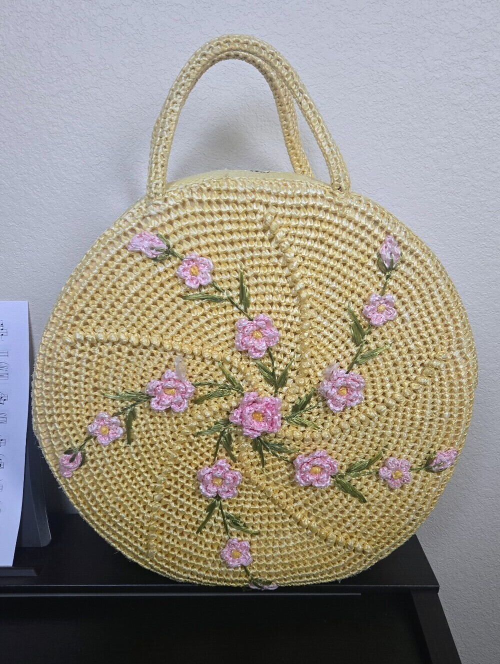 Vintage Raffia Straw Floral Embroidered Circular Tote Basket